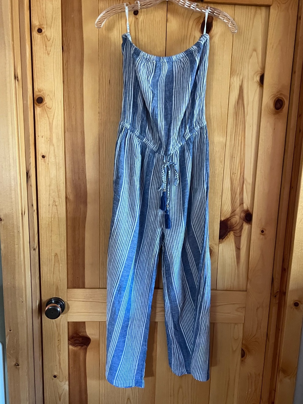 100% Cotton blue island Striped Strapless Jumpsuit with Tassel Tie